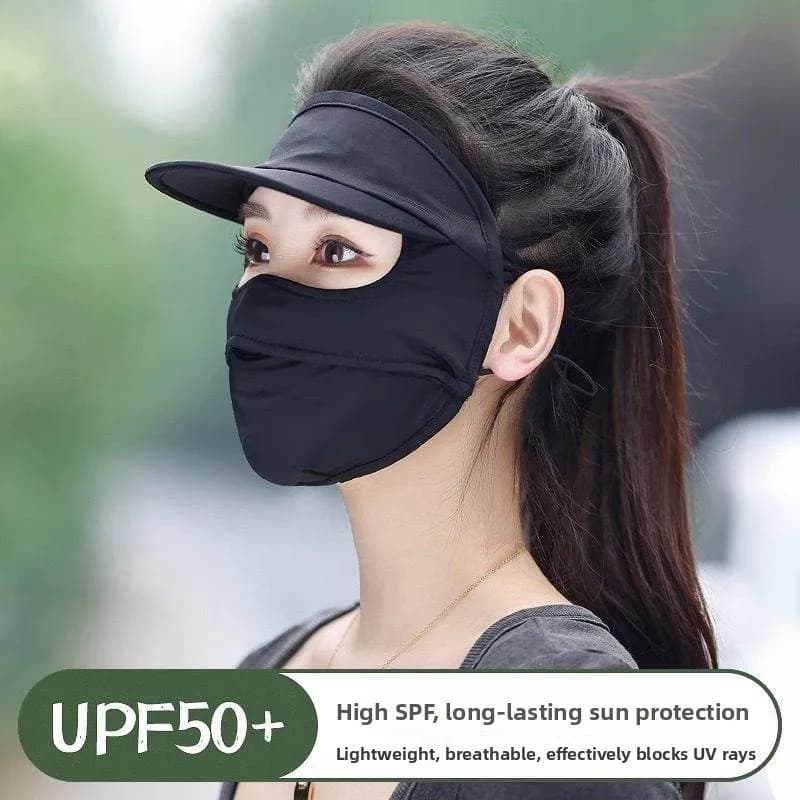 Women's Summer Mask for Solar Protection, Integral in Ice Silk with Hat, UV Protection, Korean Fashion Style