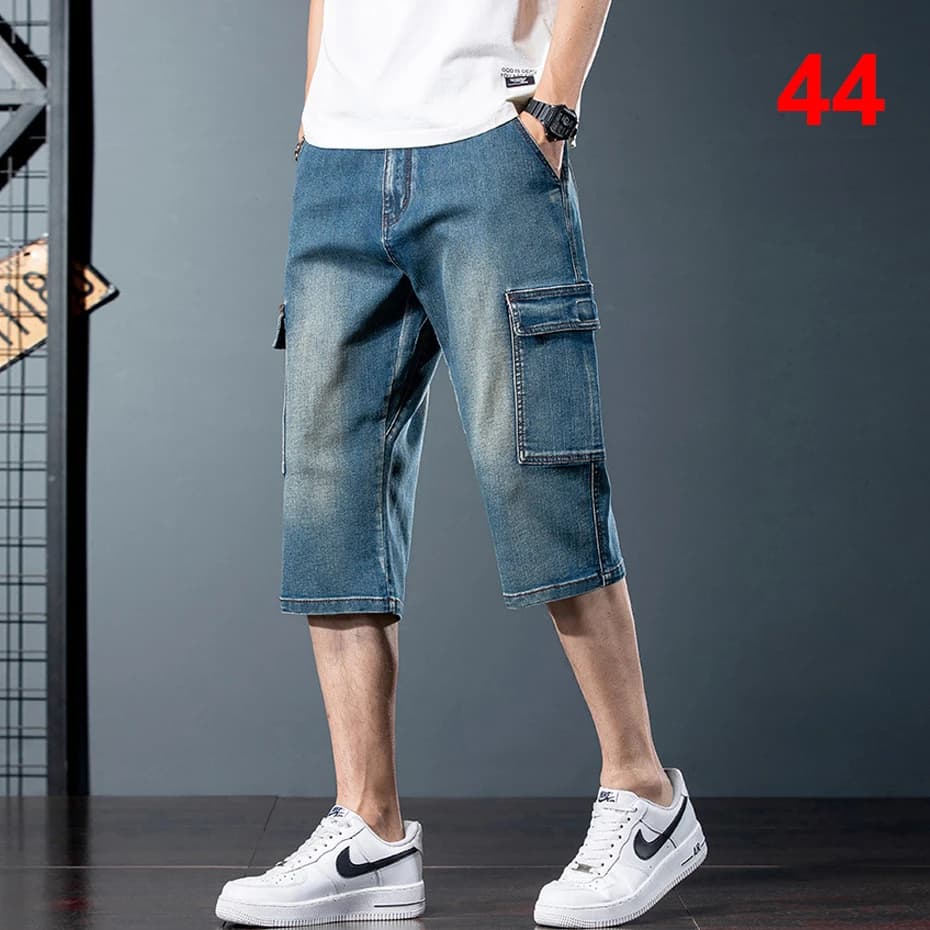 Cargo Jeans Men 44 Plus Size Calf-length Pants Fashion Casual Denim Pants Male