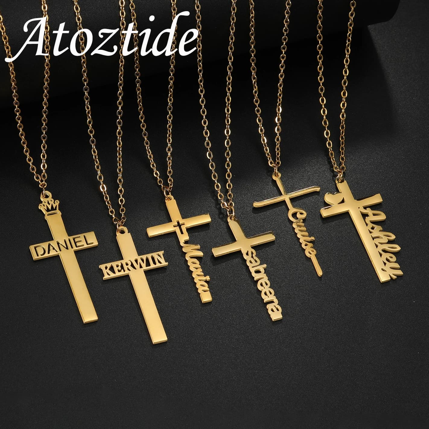 Atoztide Collana con croce con nome personalizzato per donna, uomo, gioielli in acciaio inossidabile, catena con ciondolo, regalo di compleanno personalizzato