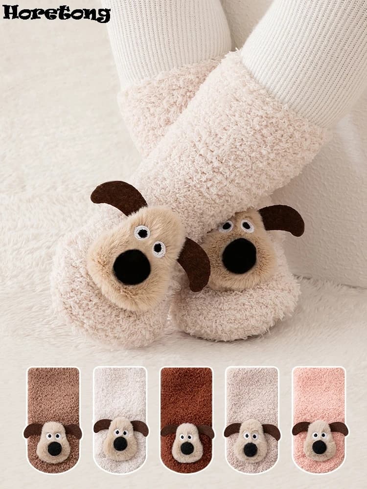 Baby Winter Thick Fuzzy Floor Socks A‑Grade Cartoon 3D Dog Anti‑Slip Sole Toddler Socks Warm Home Socks for 0‑3 Years Infant