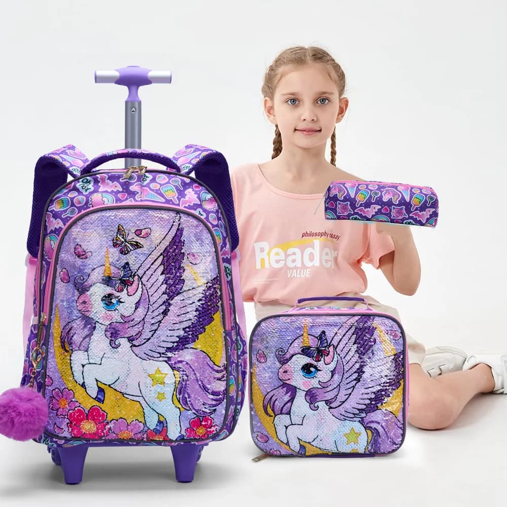 Set di 3 zaini rotanti per ragazze, simpatici cartoni animati con design a paillettes, luna, unicorno, borse con ruote, con scatola per il pranzo e borsa per penne, viola