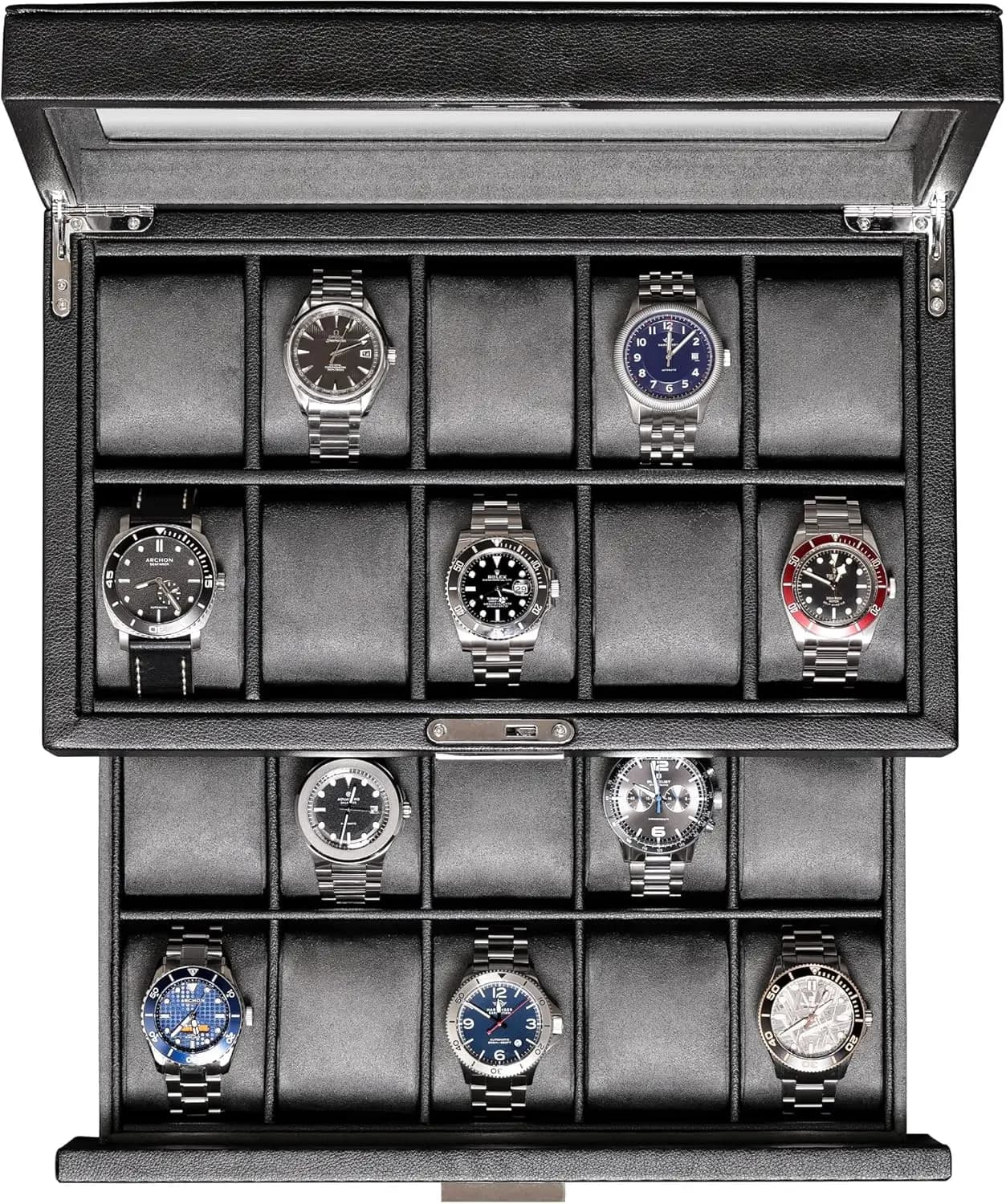 Scatola Porta Orologi in Pelle a 20 Scomparti - Espositore con Chiusura e Coperchio in Vetro, Organizzatore di Gioielli per Uomo e Donna (Nero/Grigio)
