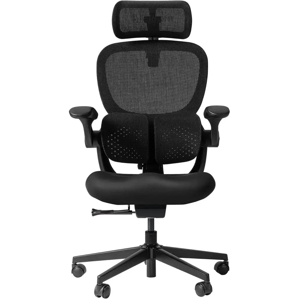 Ergonomic office chair with lumbar support, adjustable armrests, padded seat, reclining design, included footrest, elegant for