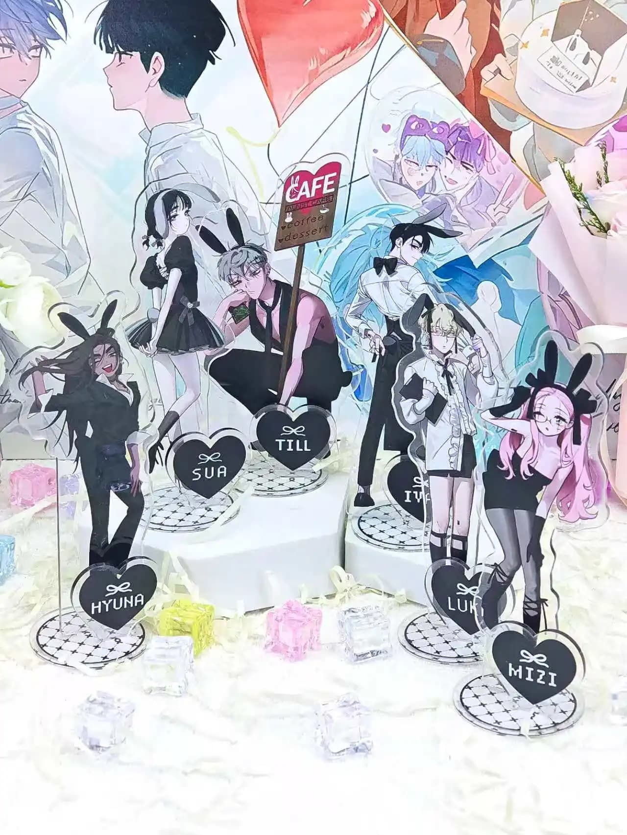 6pcs/1pcs Cute Bunny Boy & Girl Acrylic Standee Set, Anime Style Character Display Figures, Gothic Kawaii Desk Decor, Collectibl