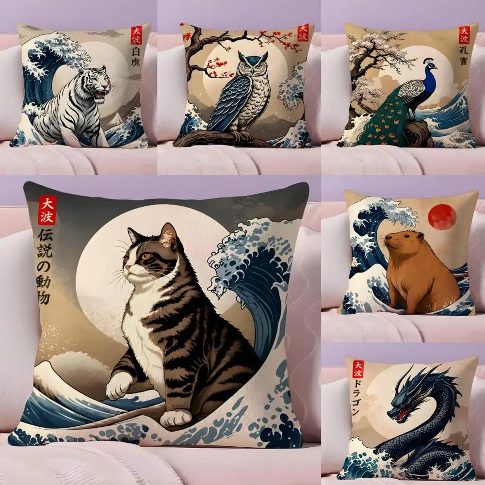 Animals The Great Wave Katsushika Hokusai Cushion Cover Plush Fabric Soft Double-Sided Printed Sofa Warm Home Gift Pillow Cover