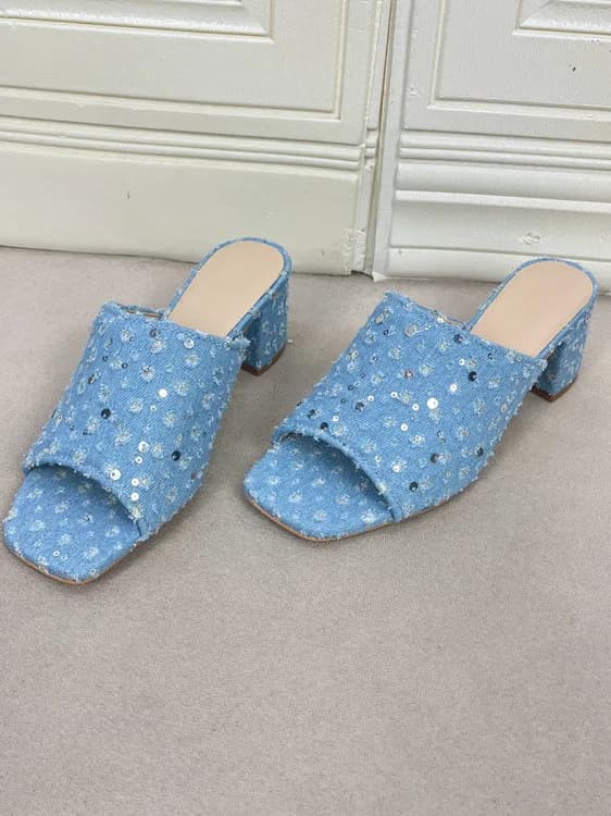 Sandali da Donna alla Moda con Tacco Alto e Punta Quadrata, Ciabatte con Paillettes in Tessuto Denim, Scarpe Slip-On con Suola in Gomma Incollata