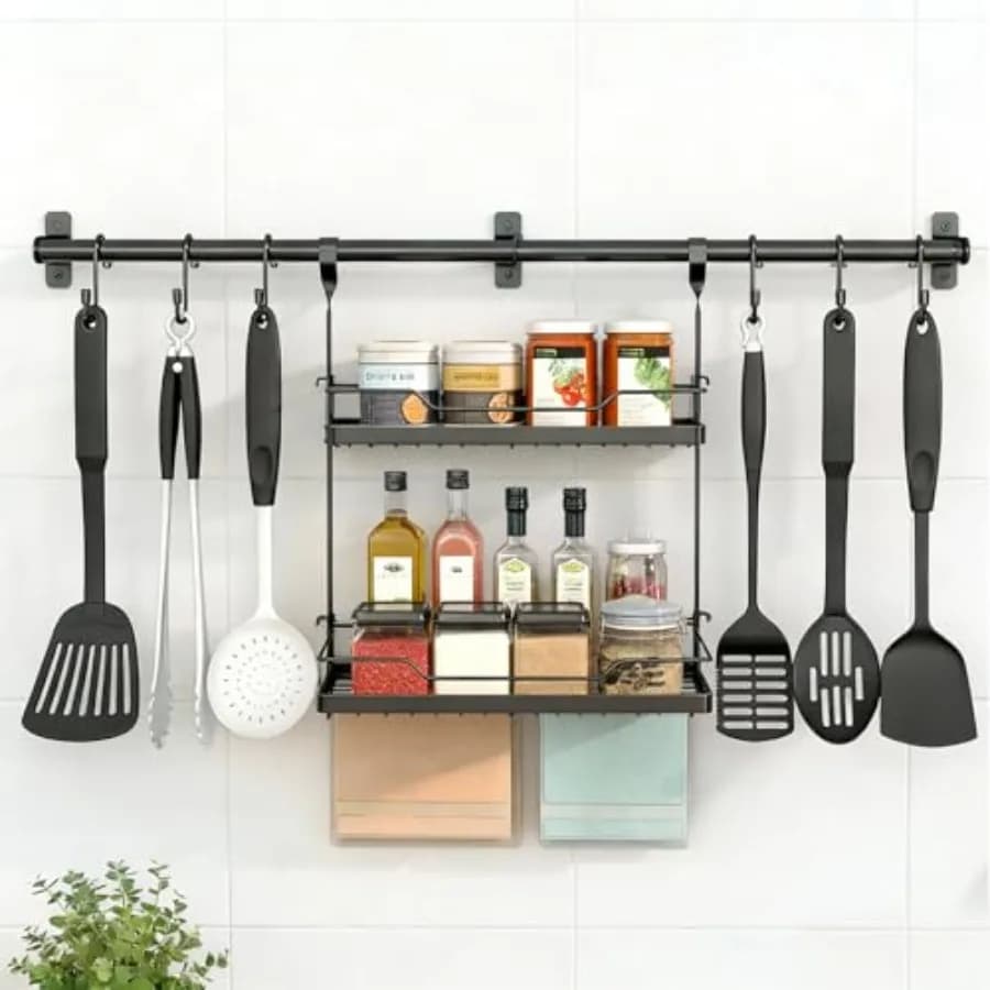 Portaspezie da parete, scaffale a 2 livelli con portasciugamani, porta utensili con ganci per cucina, bagno, dispensa, lavanderia, M