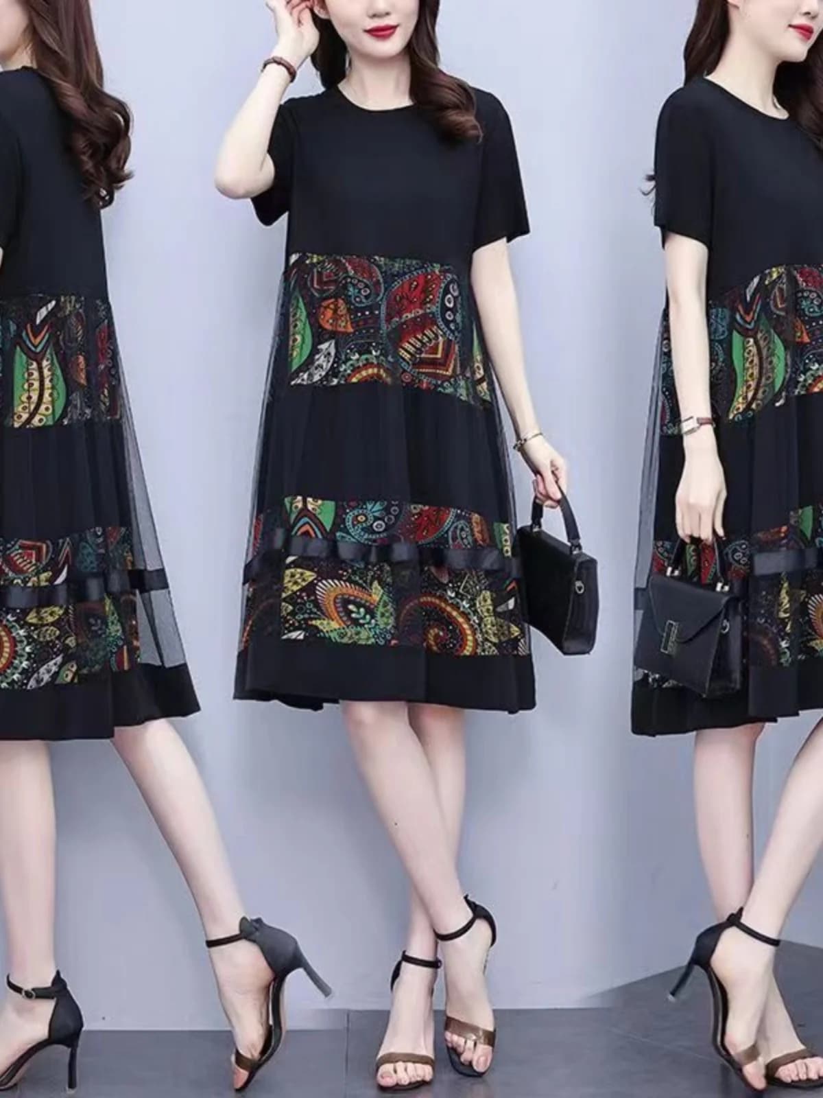 plus Size Summer Women's Dress Korean Style Floral Print A-Line Midi Dress Slimming Concealing Versatile Short Sleeve Dress