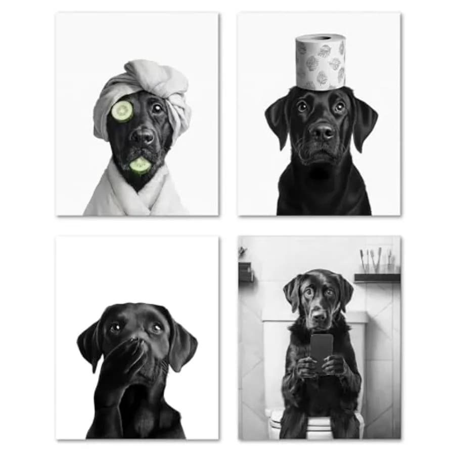 Set di 4 Stampe d'Arte da Parete per Bagno con Labrador Retriever Nero, Regali per Amanti dei Labrador Retriever, Poster con Immagini di Labrador Retriever in Accappatoio e a Toilette