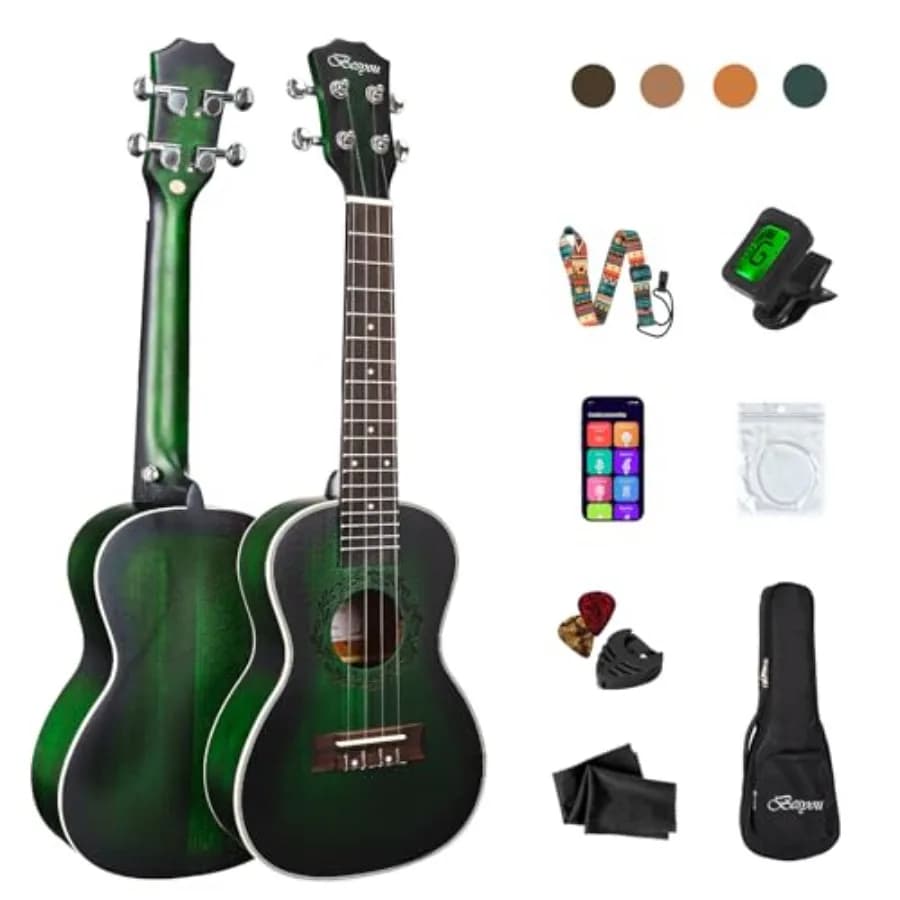 Ukulele da 23 pollici per principianti adulti, in legno di mogano, con accordatore, borsa per il trasporto, tracolla, corde in nylon al carbonio e plettri.