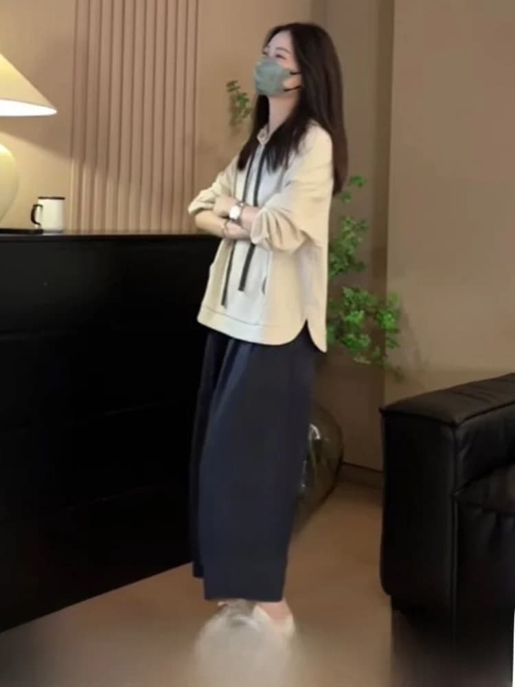 Women's Hoodie And Pants Set Wide Leg Casual Autumn Outfit Clete Matching Two Piece Polyester Long Sve Nine Point Pants