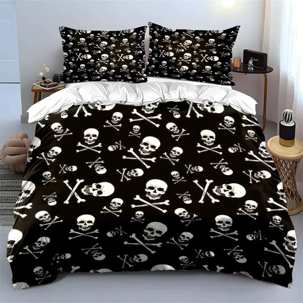 Set di Tre Pezzi con Motivo Teschio, Morbido e Confortevole Set Copripiumino e Biancheria da Letto, Include 1 Copripiumino e 2 Federe, Regalo