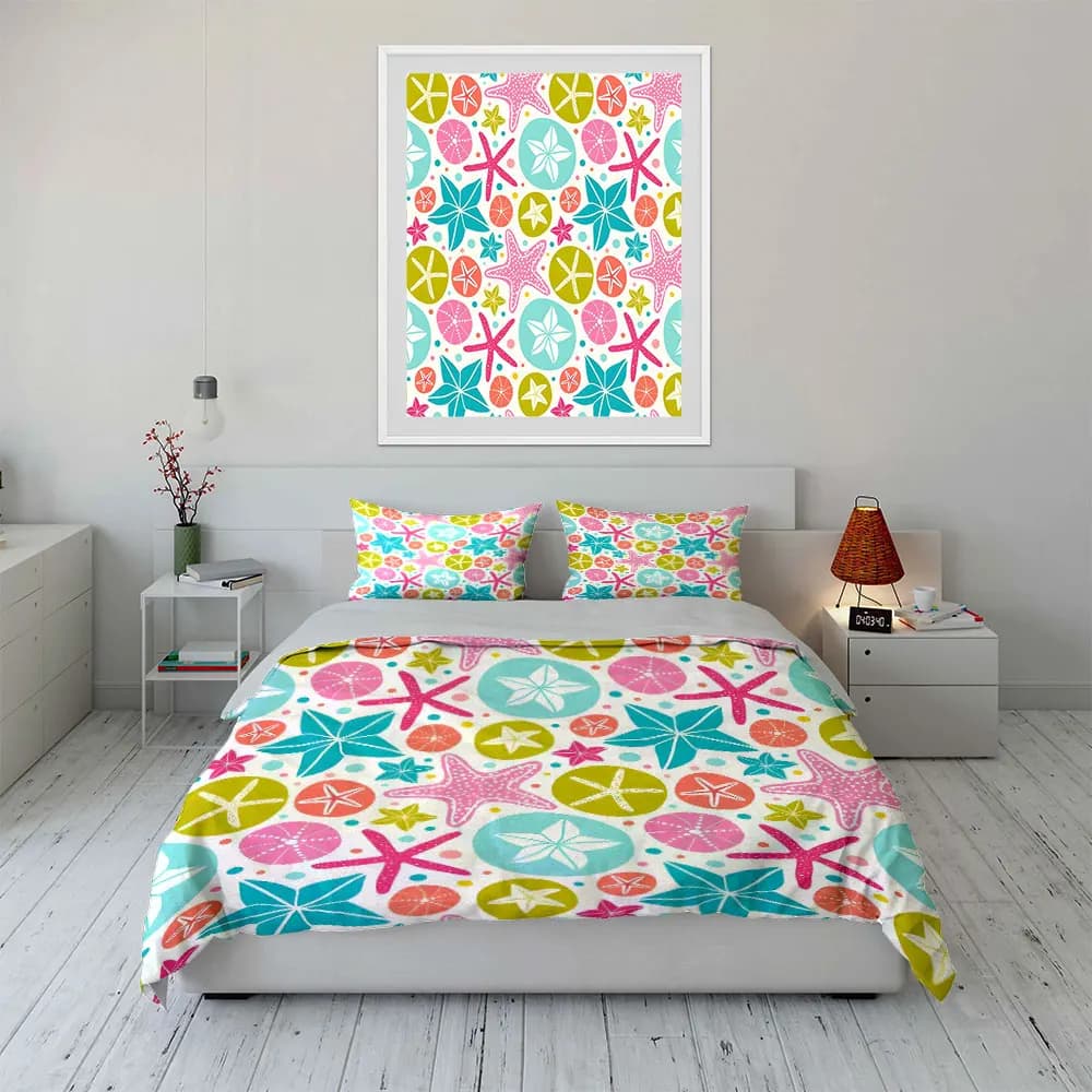 Set di biancheria da letto con stelle marine da 3 pezzi, copripiumino con stampa colorata di stelle marine e ricci di mare + 2 federe, decorazioni per la spiaggia costiera