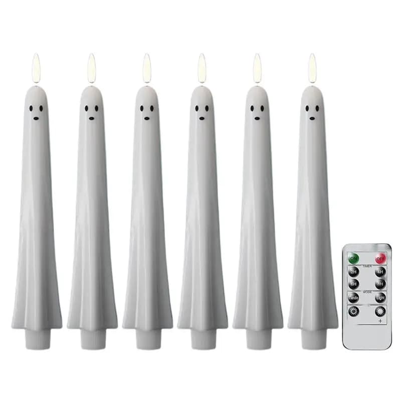 AAAN-Halloween 6PCS Ghost Flameless Taper Candles Led With Remote Control And Timer 3D Wick Fake Candles Candlestick