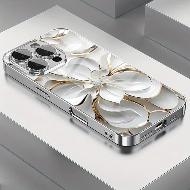 Oil Painting White Flowers Electroplated Silver Phone Case For Samsung Galaxy S25 S24 S23 Ultra Plus FE Tempered Glass Cover