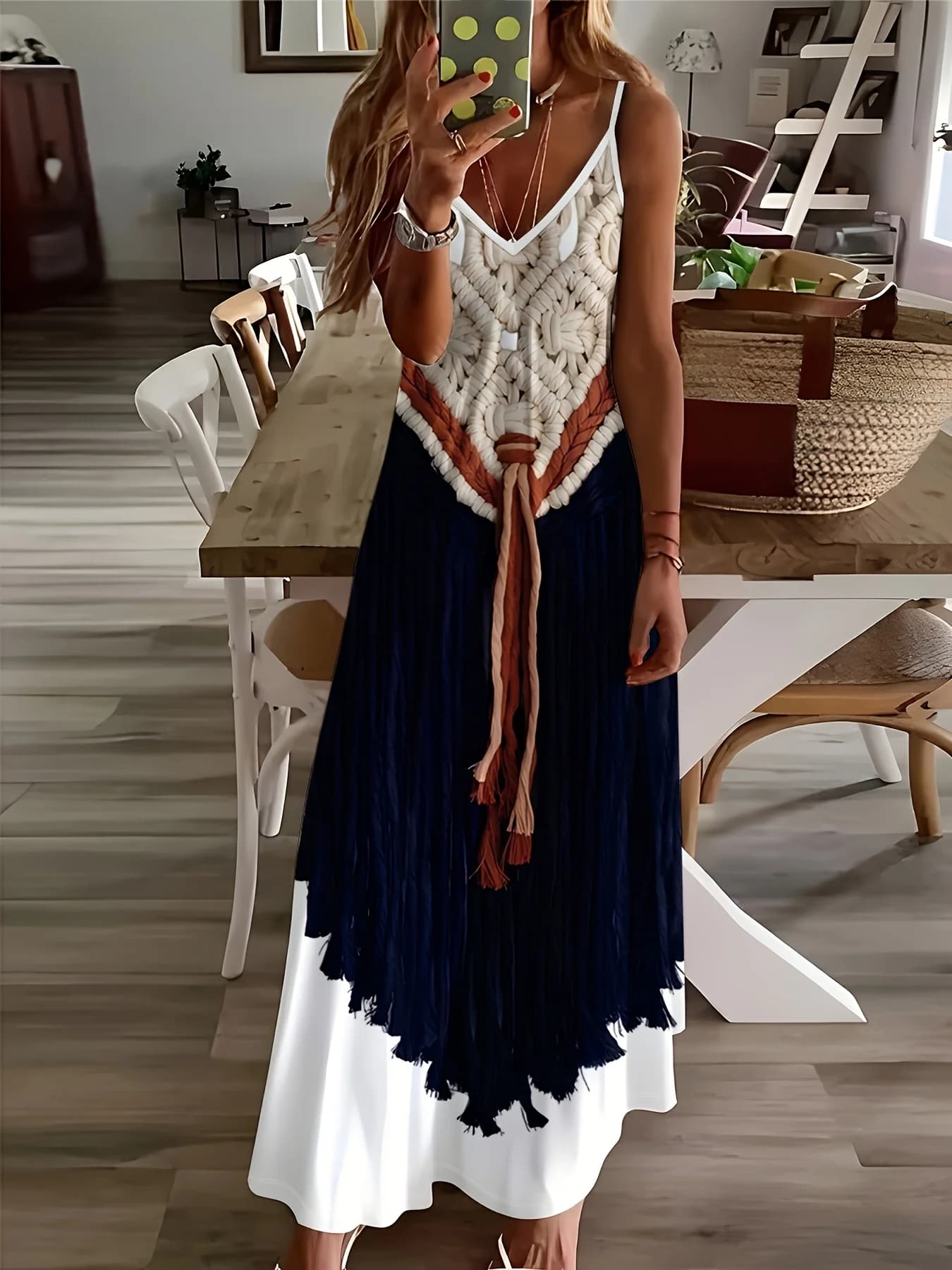 Casual Navy Blue and White Floral Print Sundress for Women Summer Sleeveless A-Line Dress with V Neck and Adjustable Straps