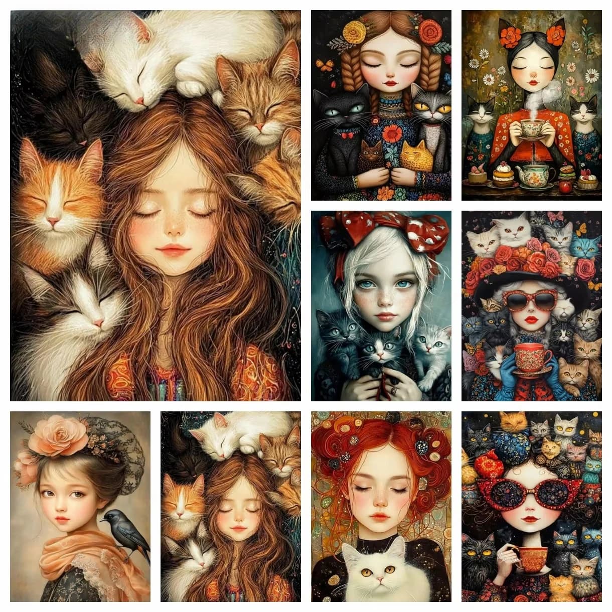 Girl and Cat Flower Diamond Painting Full Round 5D DIY Drill Embroidery Cross Stitch Decor Home Art Mosaic Kits Rhinestone Gifts
