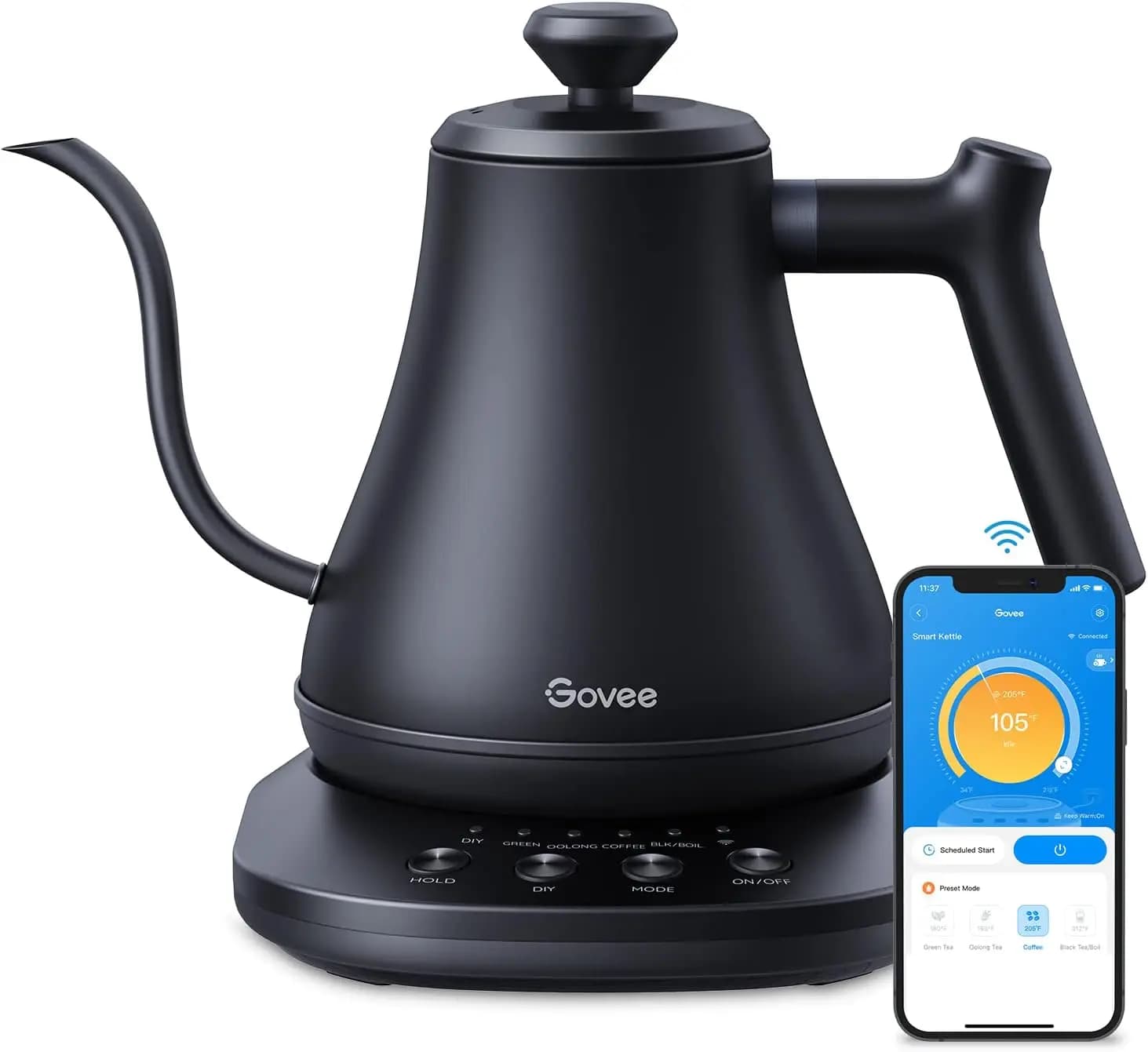 Home/Office Use 100% Stainless Steel Matte Black Electric Kettle, WiFi, Variable Temperature, Alexa Control, 1200W