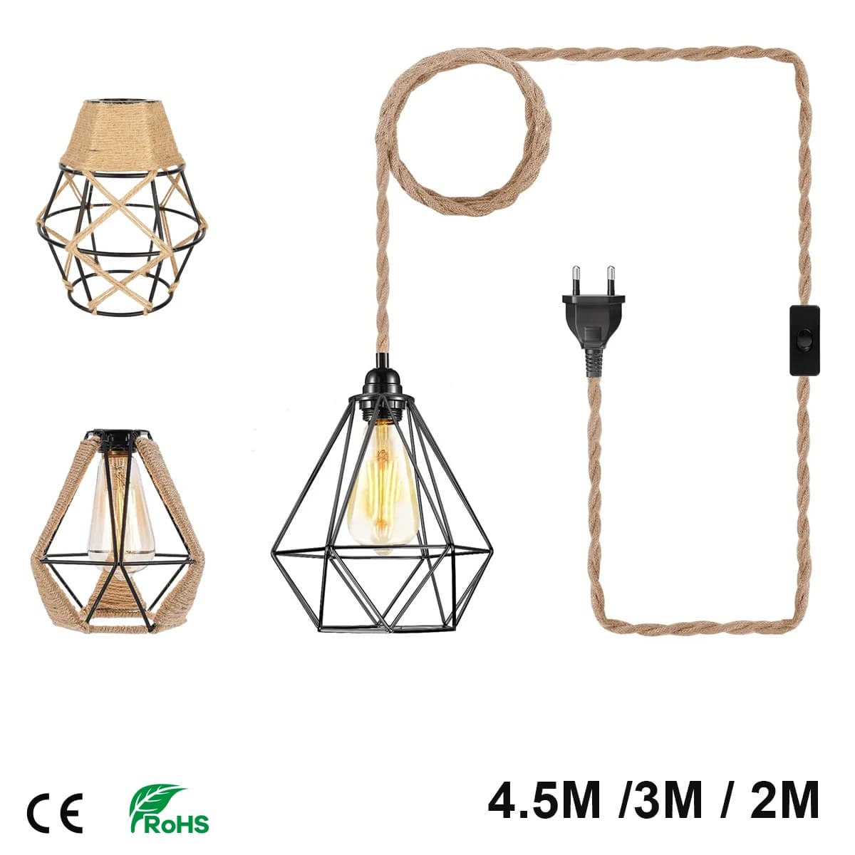 2M 3M 4.5M cable power lamp suspension rope hemp rope woven cages for E26 E27 European plug lamp holder with Edison bulb socket switch