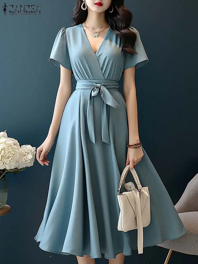ZANZEA 2024 elegant short sleeve a-line women's dresses fashion Solid color holiday with belt dresses Casual V neckline Sunset