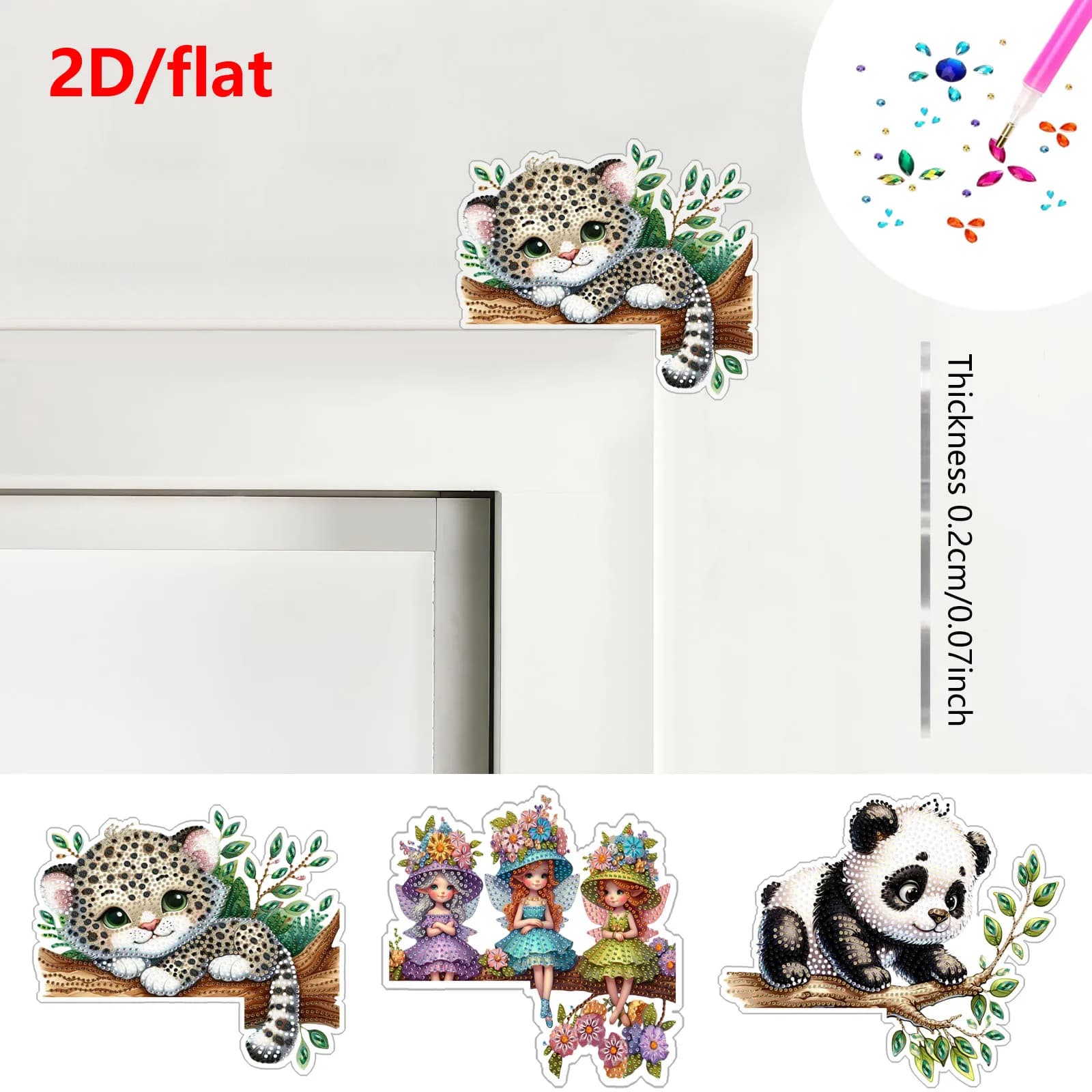 1 set di pittura diamante fai da te con motivi di gatto, elfo e panda per la decorazione dell'angolo della porta e varie decorazioni angolari per finestre