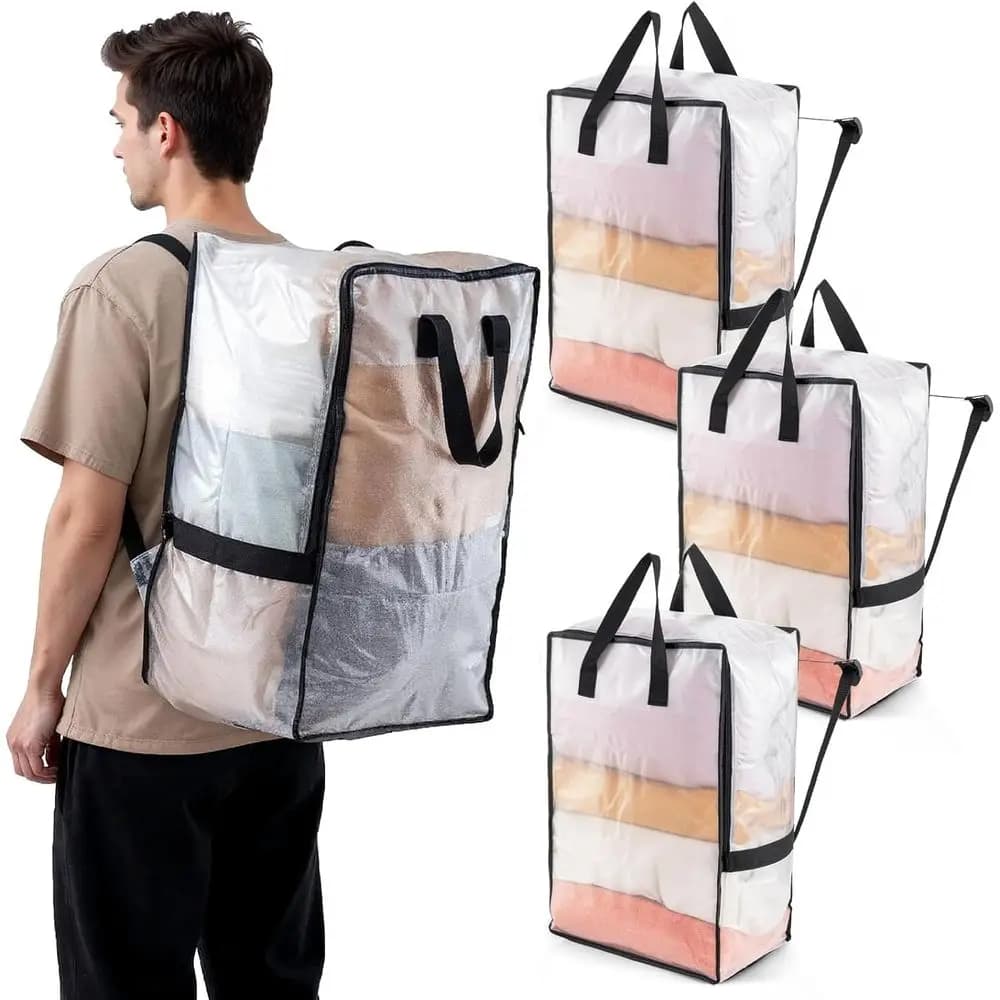 Pack of 4 adjustable transparent bags for moving: durable storage space for college, camping, dorms and laundry
