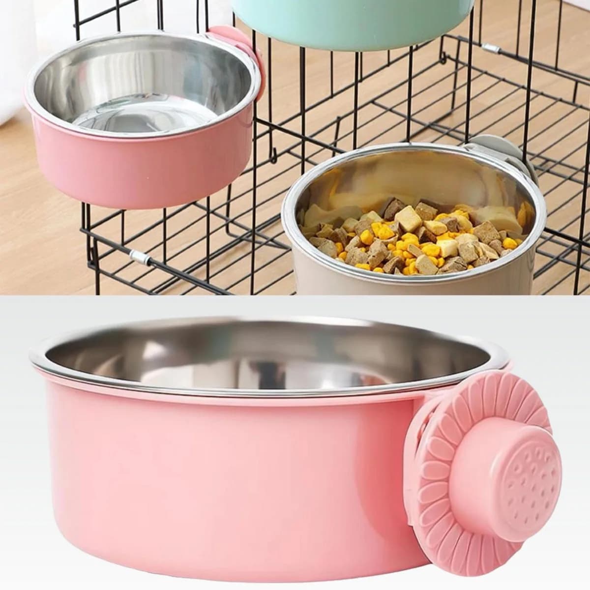 2-in-1 Stainless Steel Hanging Pet Bowl,Anti-Tip Cage Mount Dog Water & Food Feeder, Removable No-Spill Crate Bowl for Puppy Cat