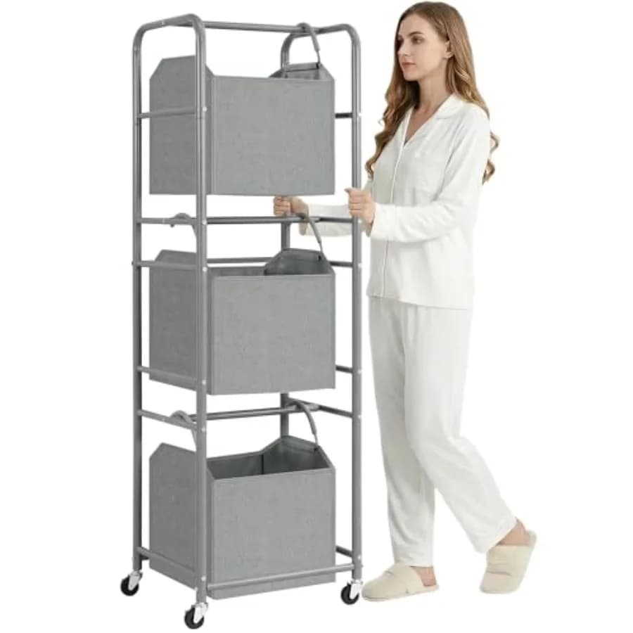 Cesto Portabiancheria Verticale a 3 Livelli da 150L con Sacca Rimovibile Resistente all'Acqua, Carrello Portabiancheria con Ruote e Freni