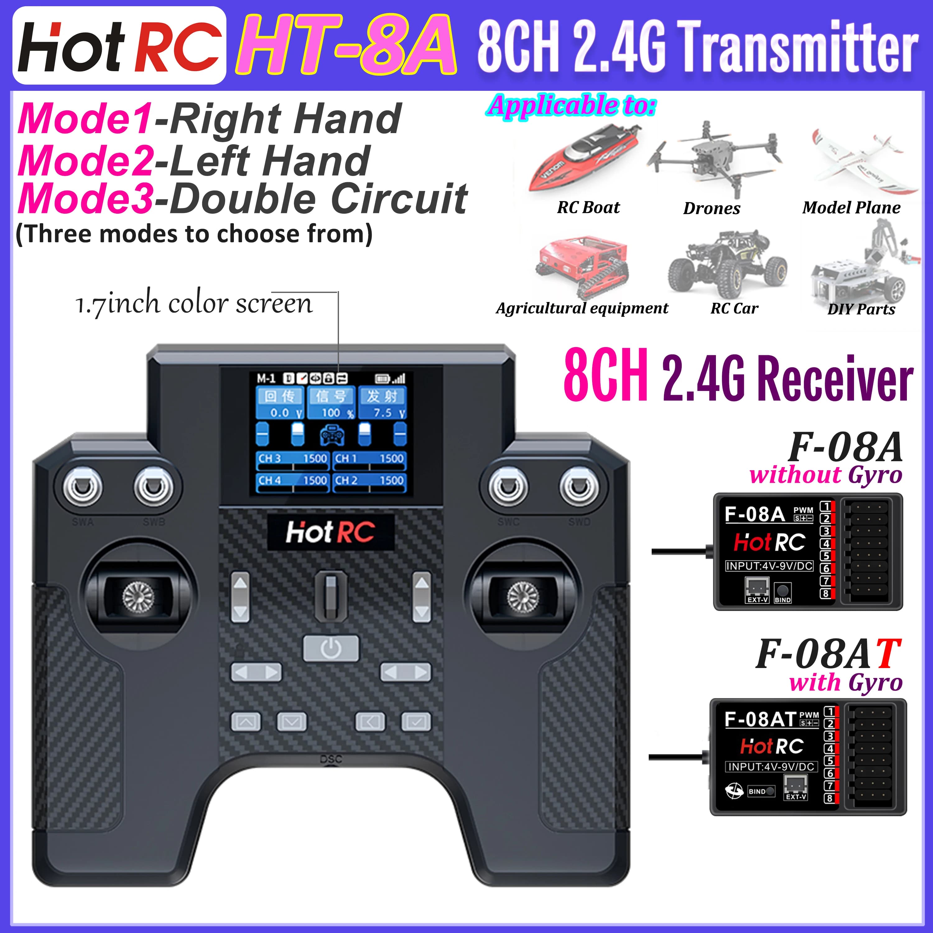 Trasmettitore HOTRC HT-8A HT8A 2.4G 8CH con Ricevitore F-08A/F-08AT per Elicottero RC, Aereo, Auto, Nave, Carro Armato, Robot