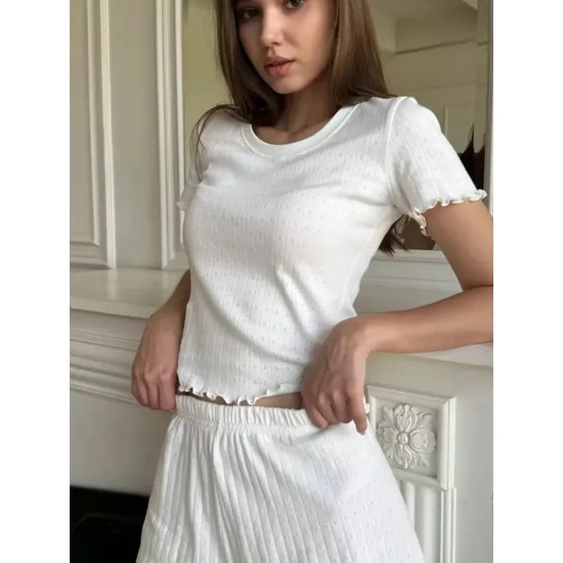 Summer Pajamas Shorts Lounge Set Pajama Sets Short Pants Two Piece White Casual Shorts High Waist Ruffle Trim Shorts Sleepwear