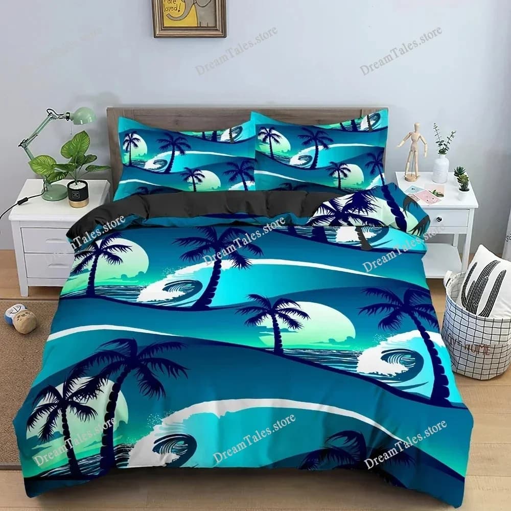 Tropical Trees Duvet Cover Set Coconut Tree Pattern Comforter Cover Bedding Set Quilt Cover with Pillowcase King Size Bedclothes