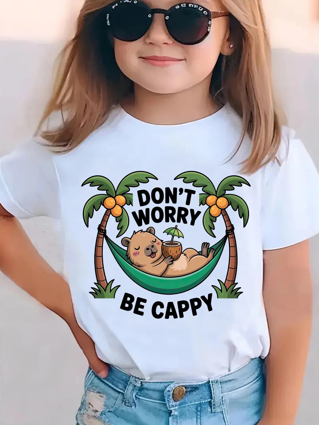 T-shirt da ragazza in puro cotone alla moda 2026, con stampa simpatica, girocollo, motivo Kapibara e albero di cocco, sportiva a maniche corte, traspirante
