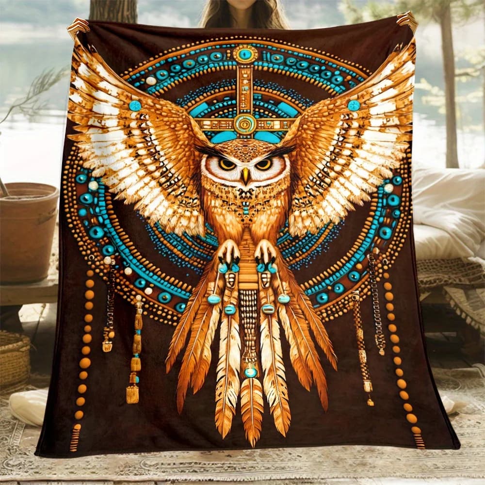 Tribal Owl Feather Dreamcatcher Pattern Flannel Blanket Boho Style Soft Warm Throw Blanket for Living Room Decor Gift