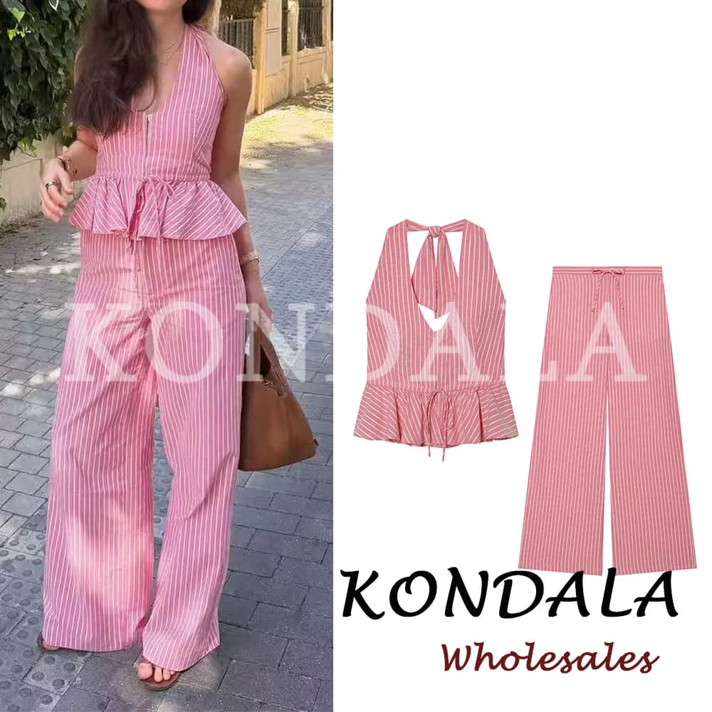 KONDALA Chic Summer Pink Striped 2026 Women Suit Neck-mounted Short Vest+ Drawstring Wide Leg Long Pants Fashion Y2K Female Suit