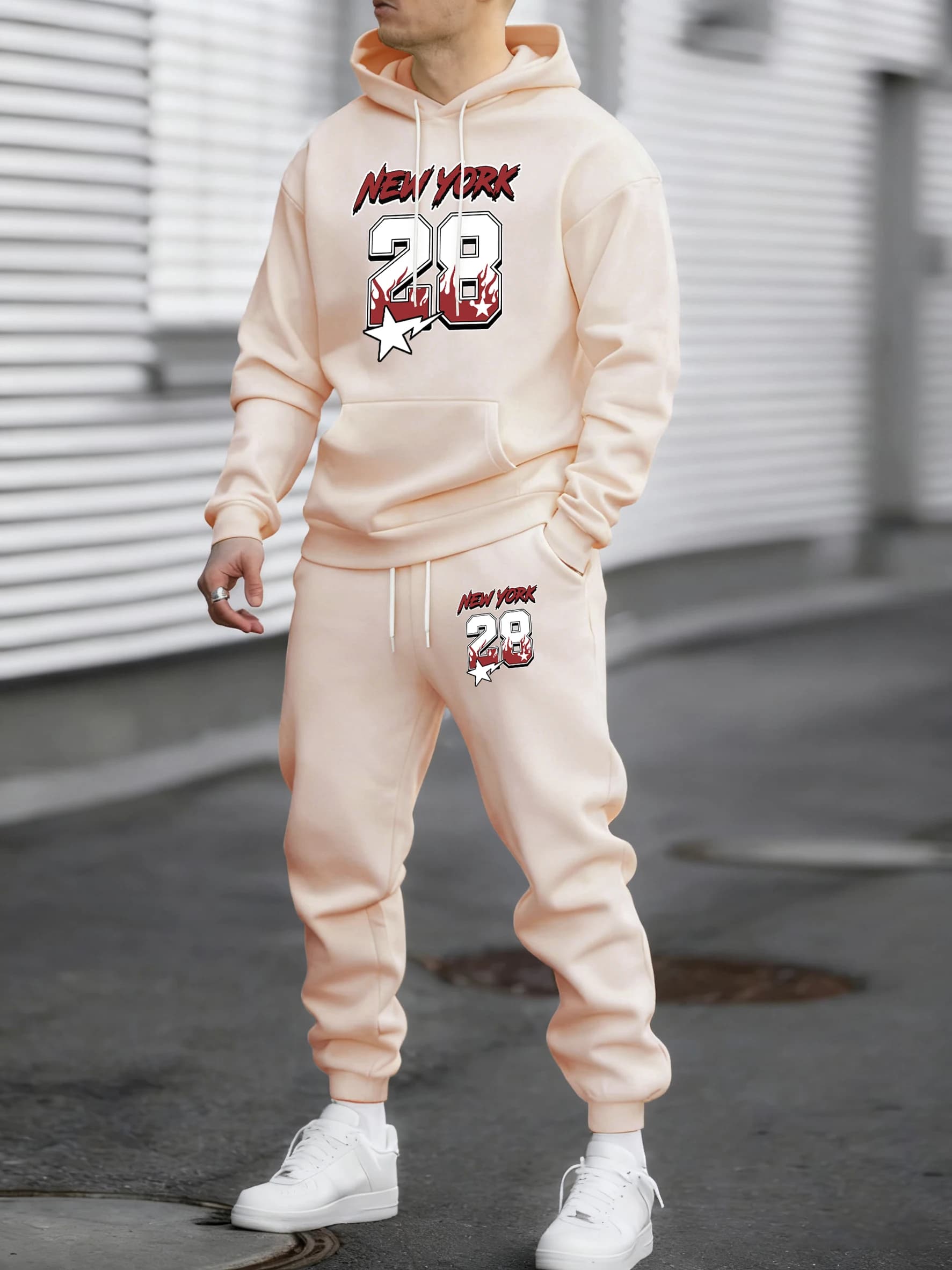 New York 28 Stampato in pile invernale Pendolari da uomo Felpe con cappuccio Pantaloni Set da 2 pezzi Pantaloni sportivi da jogging larghi Abbigliamento sportivo di base per tutti gli abbinamenti