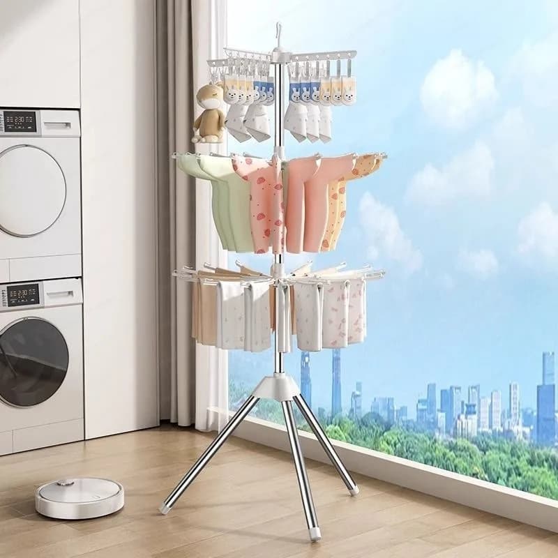 3-Tier Rotatable Clothes Drying Rack Tripod Base Stainless Steel Foldable Laundry Hanger Stand For Socks Garments Baby Clothes