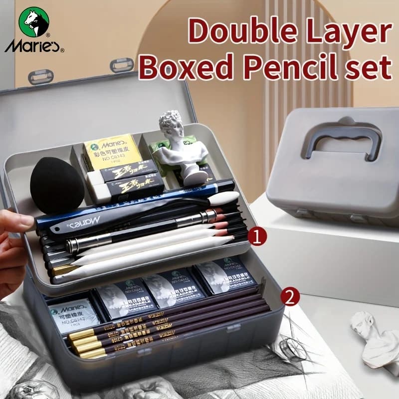 Marie's Pencil Set with Double Layer Box with Charcoal Graphite, Pencils, Erasers, Knife, for Painting and Writing for Adults (2