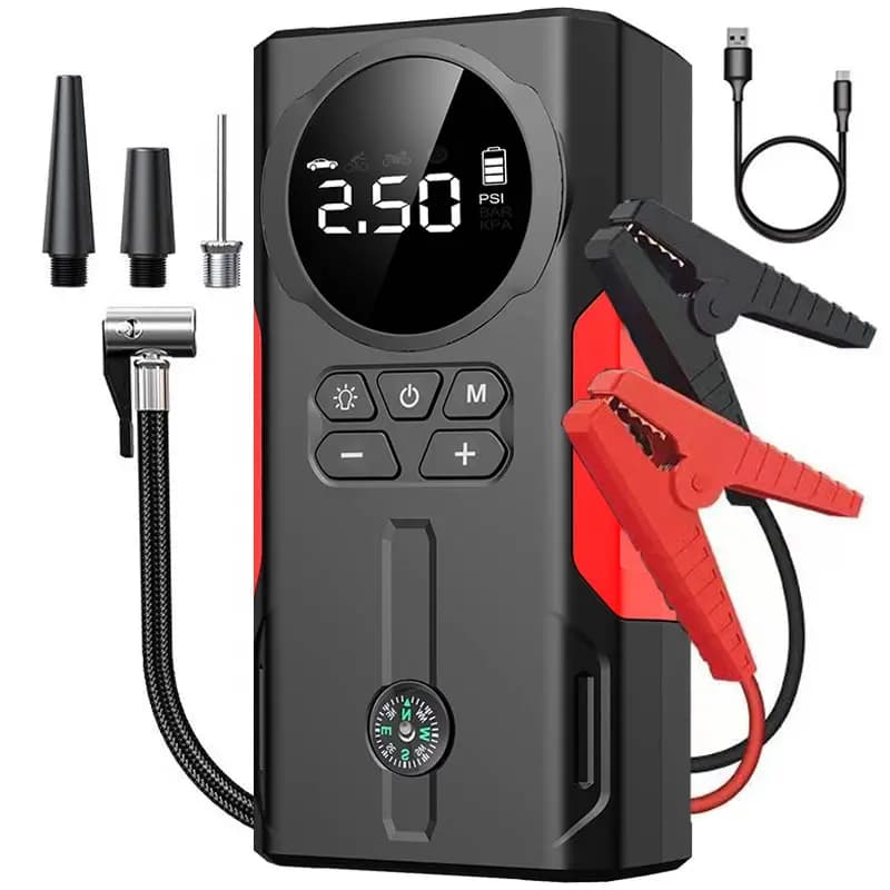 Avviatore di Emergenza Portatile 6 in 1, Caricabatterie per Auto, Power Bank, Caricatore, Batteria al Litio, Pompa d'Aria per Pneumatici con Luce