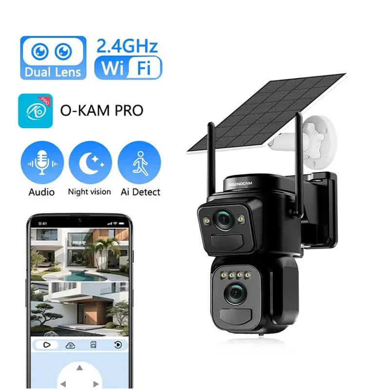 Telecamera Solare WiFi SZSINOCAM a Doppia Lente per Esterni, con Batteria Integrata, Pannello Solare, Allarme Wireless e Registrazione 24h