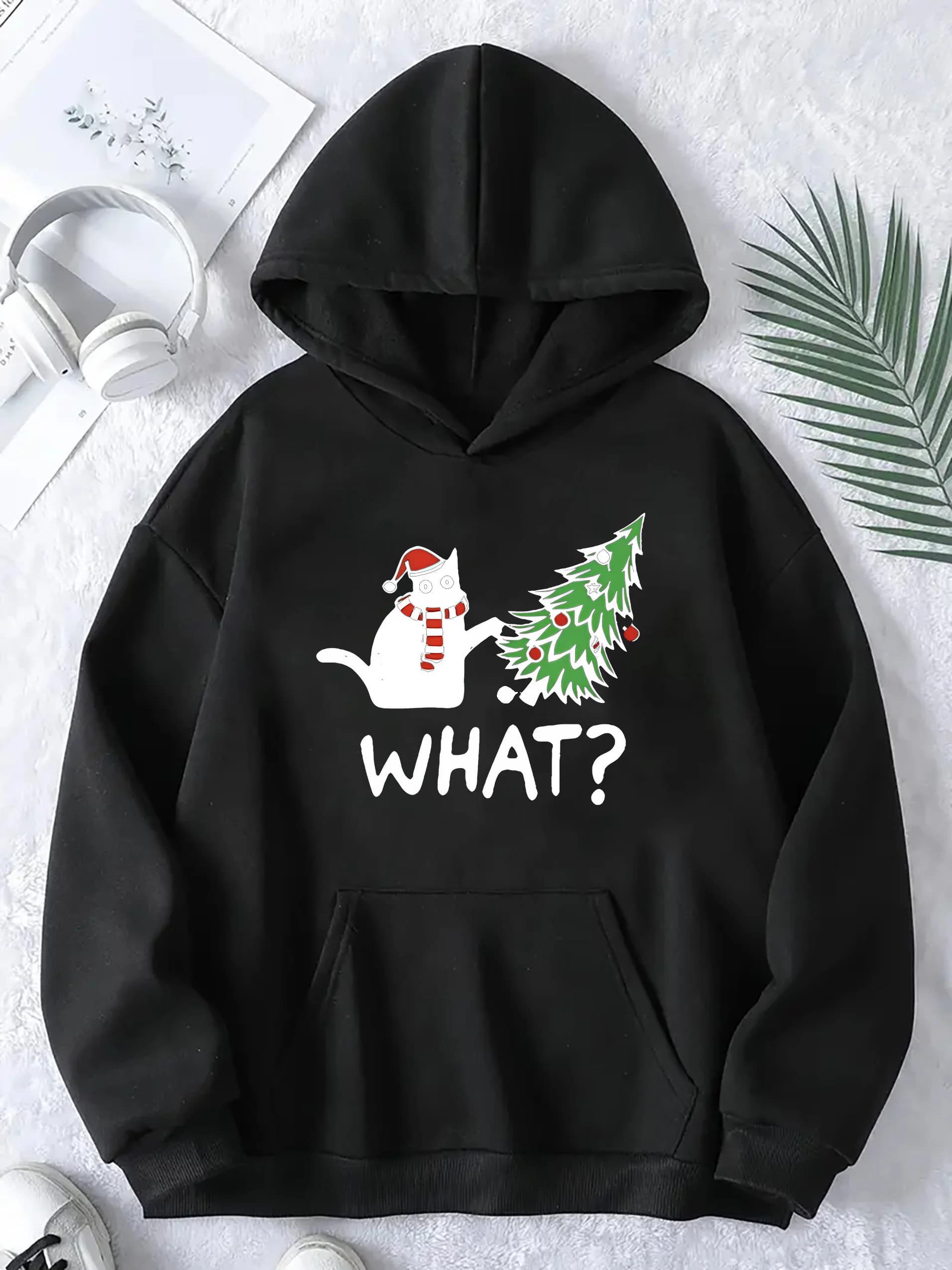 2025 Women's Festive Christmas Cat Print Hoodie Women Sweatshirt Casual Long Sleeve Fall & Winter Warm Hoodie