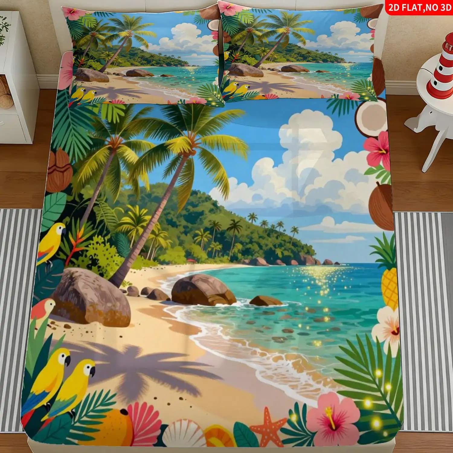 3-Piece Mattress Protector Set, Tropical Palm Tree and Parrot Bedding, Green Palm Ocean Print Fitted Sheet and Pillowcase, Beach Vacation Bed Sheet, Mattress Protector, Stain-Resistant, Suitable for All Seasons, Machine Washable, Easy to Care For, Suitable for Home Bedroom, Essential for Dorm Rentals, Master Bedroom Decoration, Dust-Proof and Stain-Resistant, High Elasticity, Fits Various Sizes