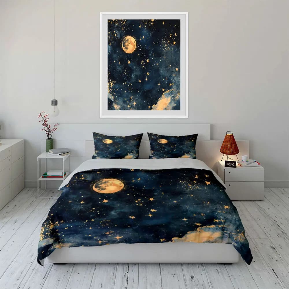 Set di biancheria da letto Starry Night Moon Decor Set con 1 copripiumino e 2 federe, singolo, matrimoniale, king size, queen size, regalo