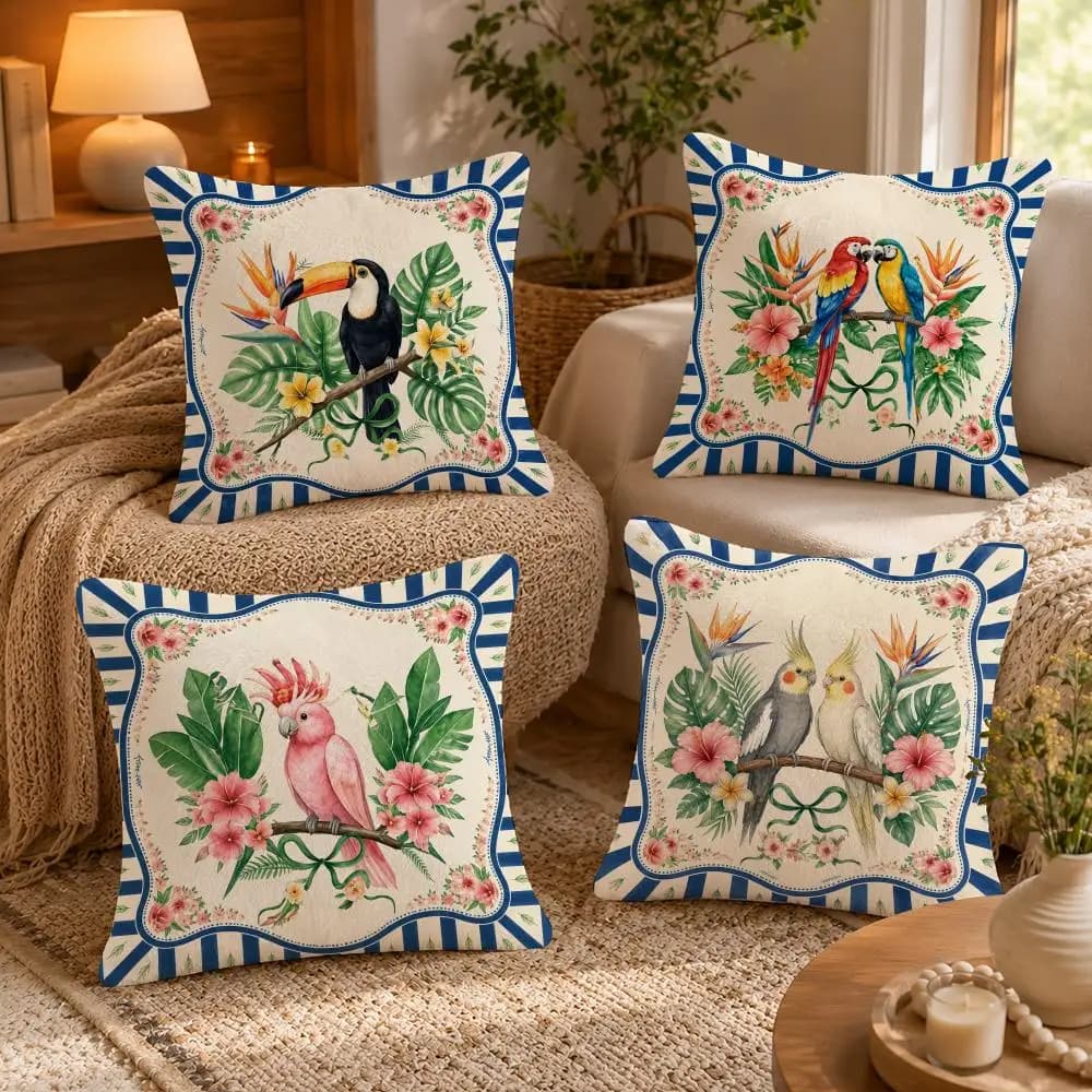 Tropical Birds Flowers Pattern Cushion Cover Soft Short Plush Pillow Case Double Sided Print Washable Sofa Bed Home Decor Gift