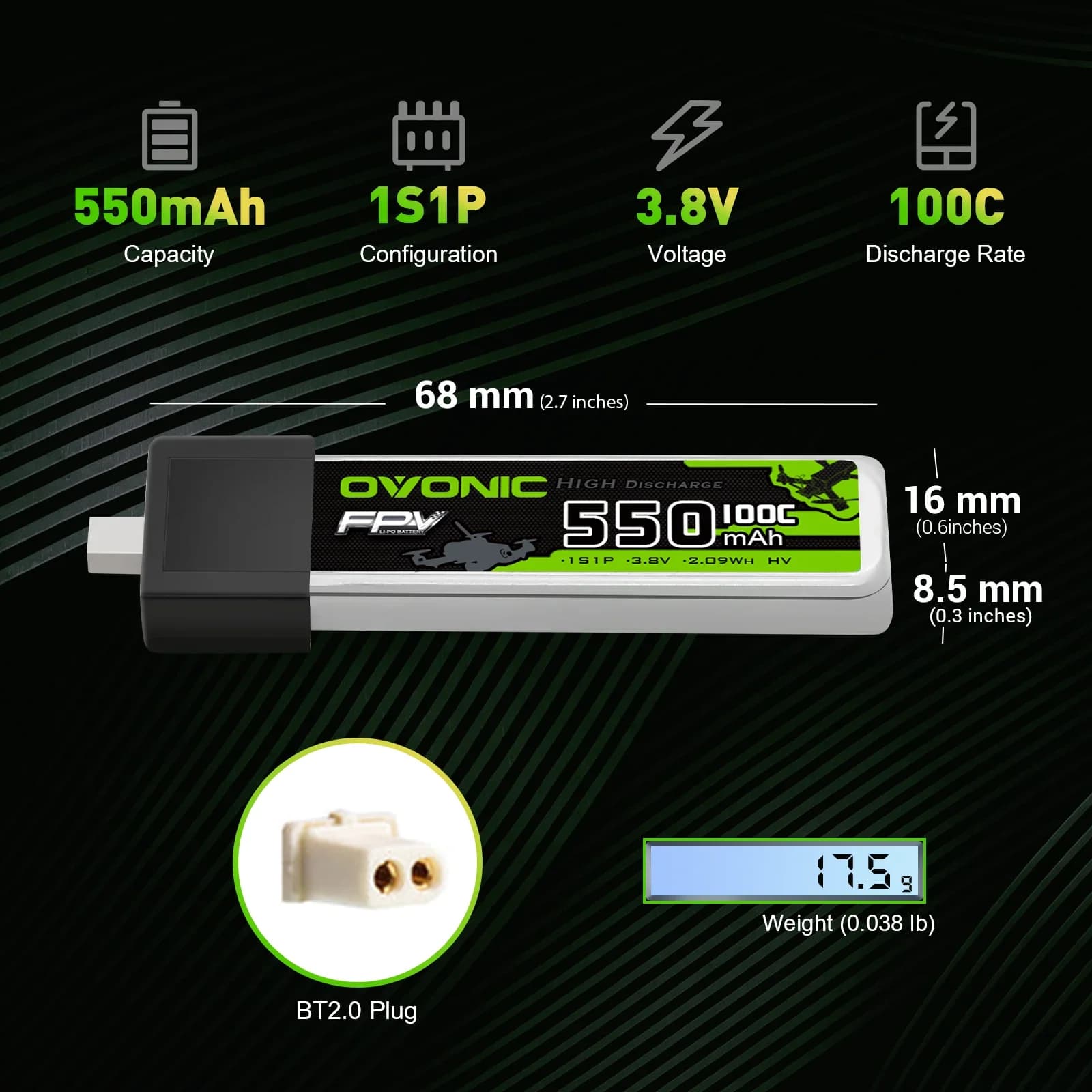 OVONIC 1S LiHV 550mAh 100C High Discharge Lipo Battery 4 Pack with BT2.0 Plug, Perfect for 75mm Tinywhoop 1S FPV Tiny Drone