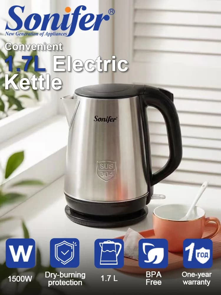 Electric Kettle Sonifer SF-2113 1.7L 1500W 304 Stainless Steel Water Boiler Auto Shut Off Dry Boil Protection Home Kitchen