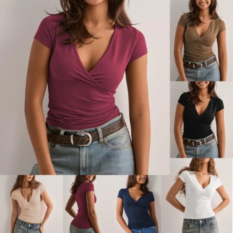 T-shirt da donna di nuova moda estiva 2025 tinta unita slim fit scollo a V manica corta top Y2k abbigliamento