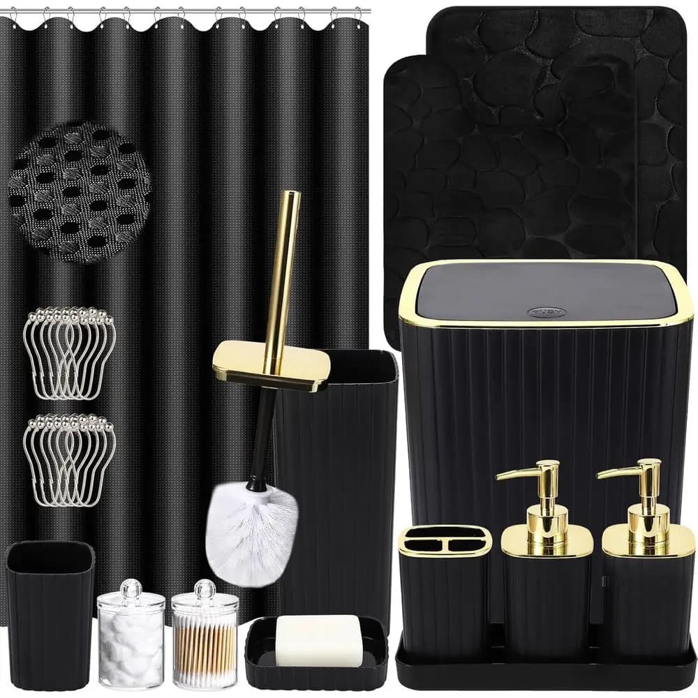 Set da Bagno con Tenda Doccia e Tappetini - Set di 25 Accessori per il Bagno, Set Tenda Doccia Nera, Spazzola per WC, Cestino, Porta Cotone-tupi
