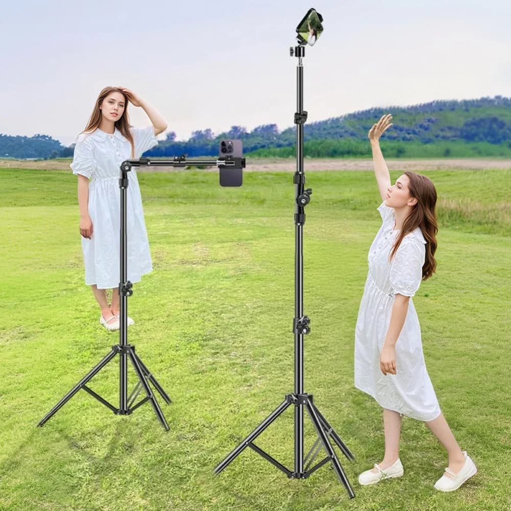 1.7 m tripod with horizontal retractable bar and universal joint adjustable for live stream with phone/food photo/vlog