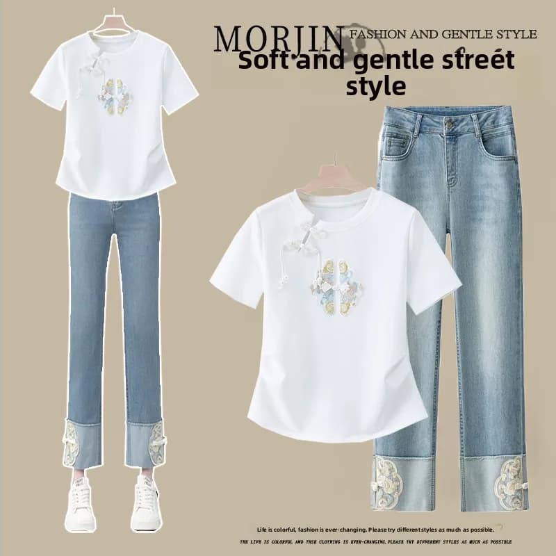 High Waist ort Sve Embroidered Denim Jeans T-irt Two-Piece Set Women's Faion Summer New Chinese Sle Top Bot