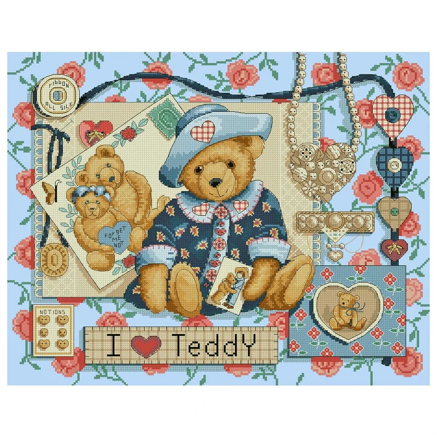 Amishop I Love Teddy Counted Cross Stitch Kit Pirate Bear Design Embroidery Needlework DIM03863